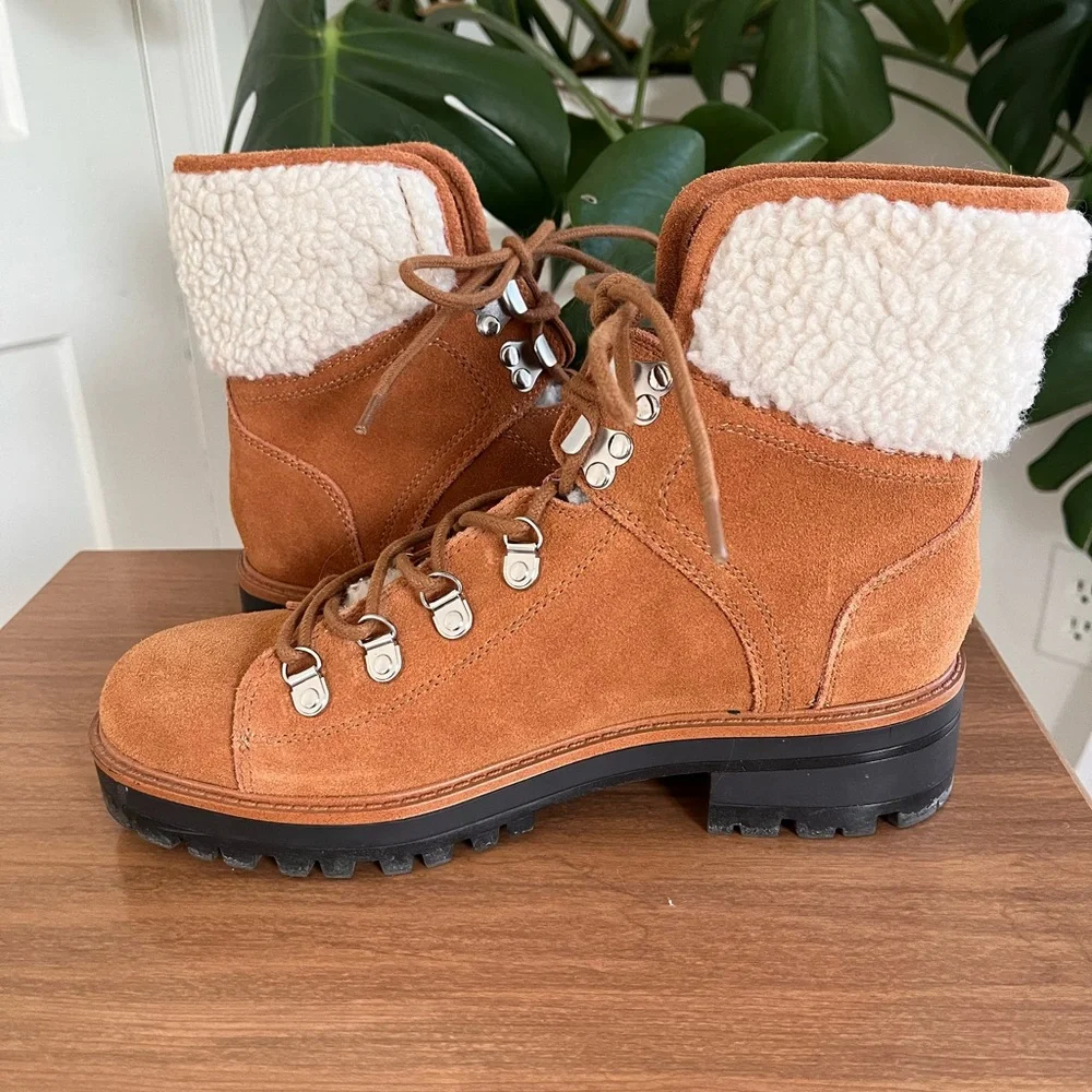 Marc Fisher Suede Hiker Boots Sherpa Lined Lace Up Lug Sole Ankle Boots Size 8.5